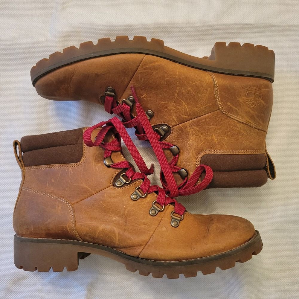 Timberland 8.5 Hiker Boot Tan Brown Leather Lug Sole Ellendale Red Laces Retro